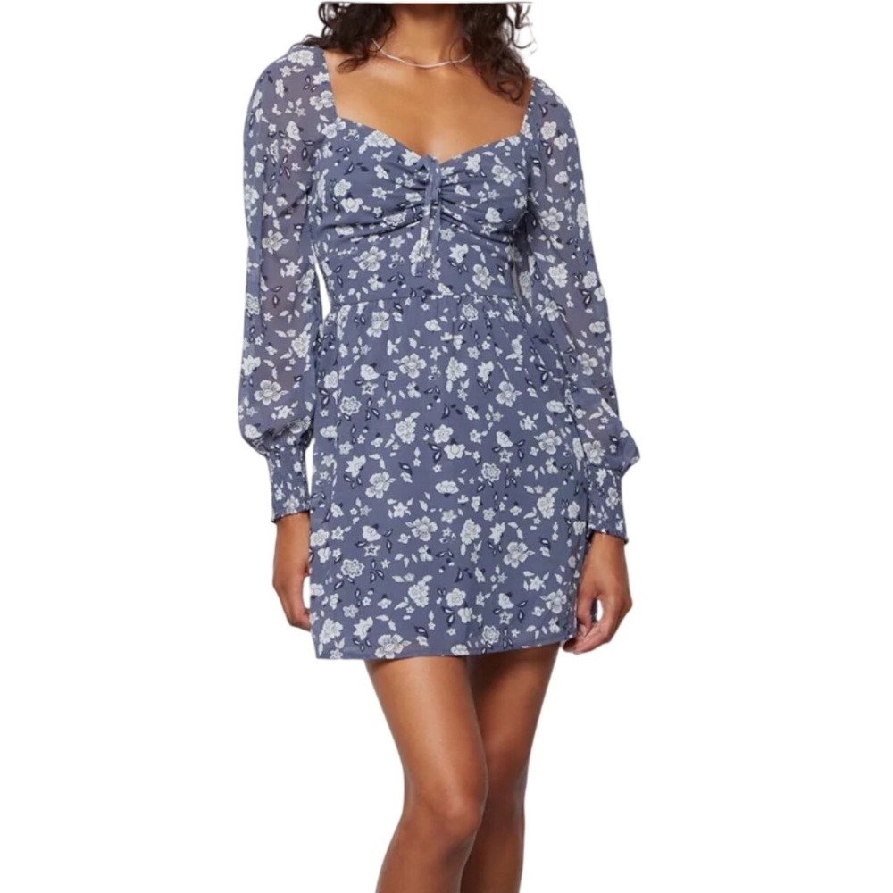 Hollister‎ Blue Dainty Floral Smocked Sheer Coquette Milkmaid Mini Dress XS Bow